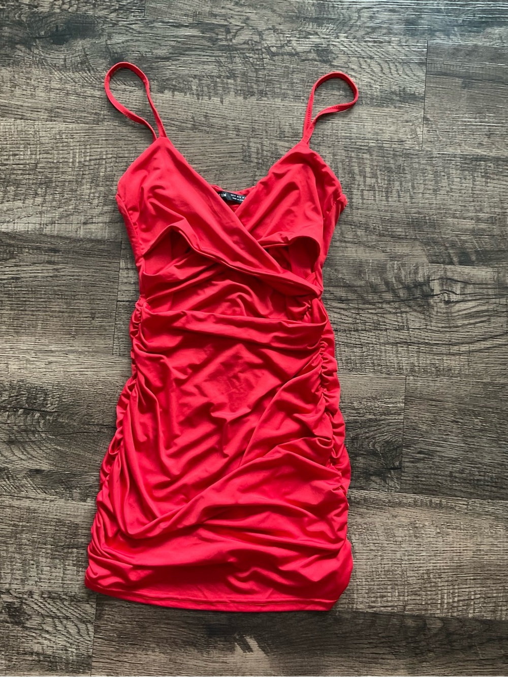 SHEIN Red Ruched Crossover Mini Dress with Spaghetti Straps